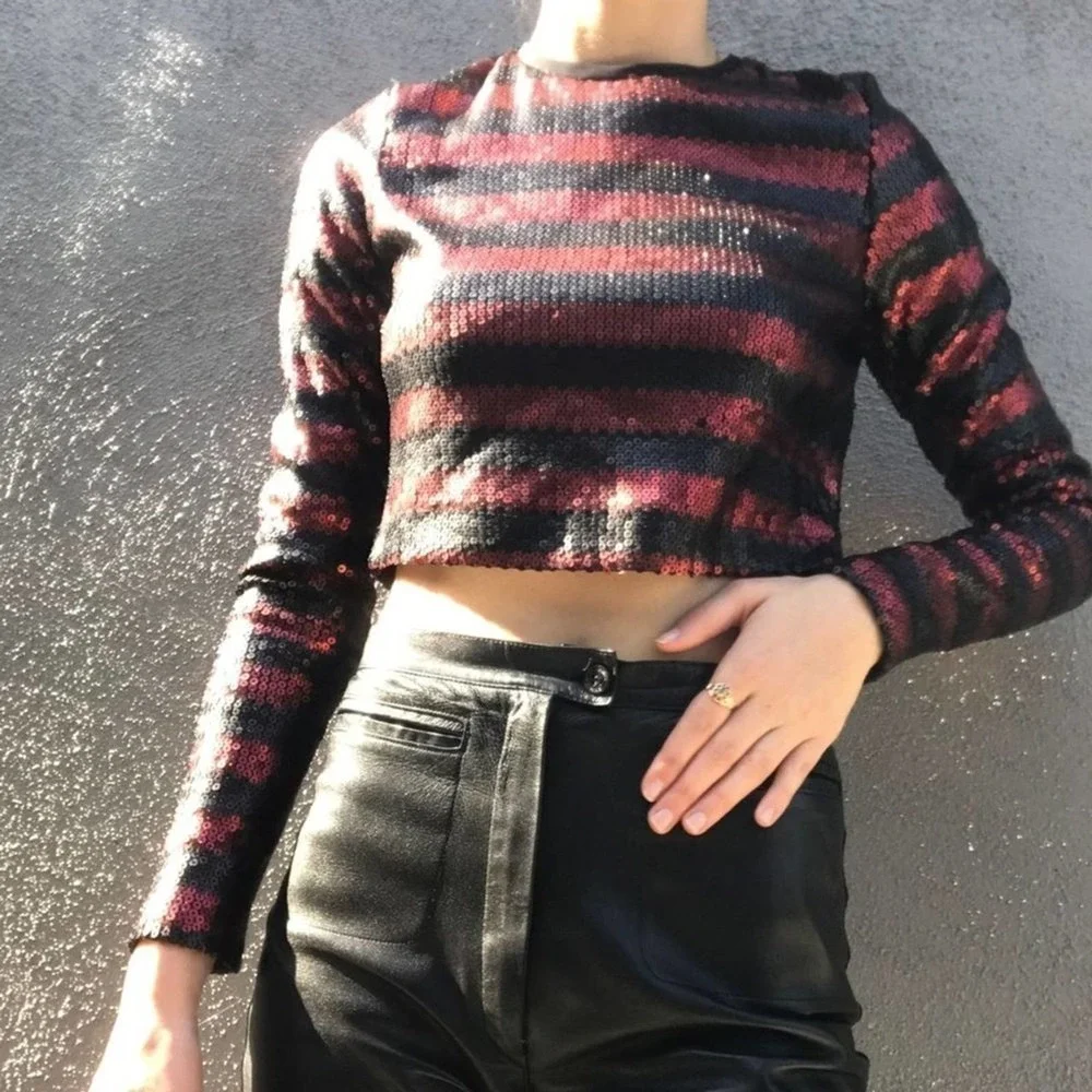 Zara Metallic Sequin Striped Long Sleeve Round Neck Cropped Top Red Black Size S